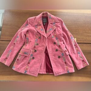 Lucky Brand Pink Velvet Vintage Embroidered Double-Breasted Blazer
